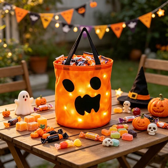 Dalxymotic Halloween Trick Or Treat Bag, LED Pumpkin Candy Bag, Glowing Trick or Treat Tote, Halloween Tote, Halloween Party Storage Pouch for Candy, Treats, Party Favors, Supplies