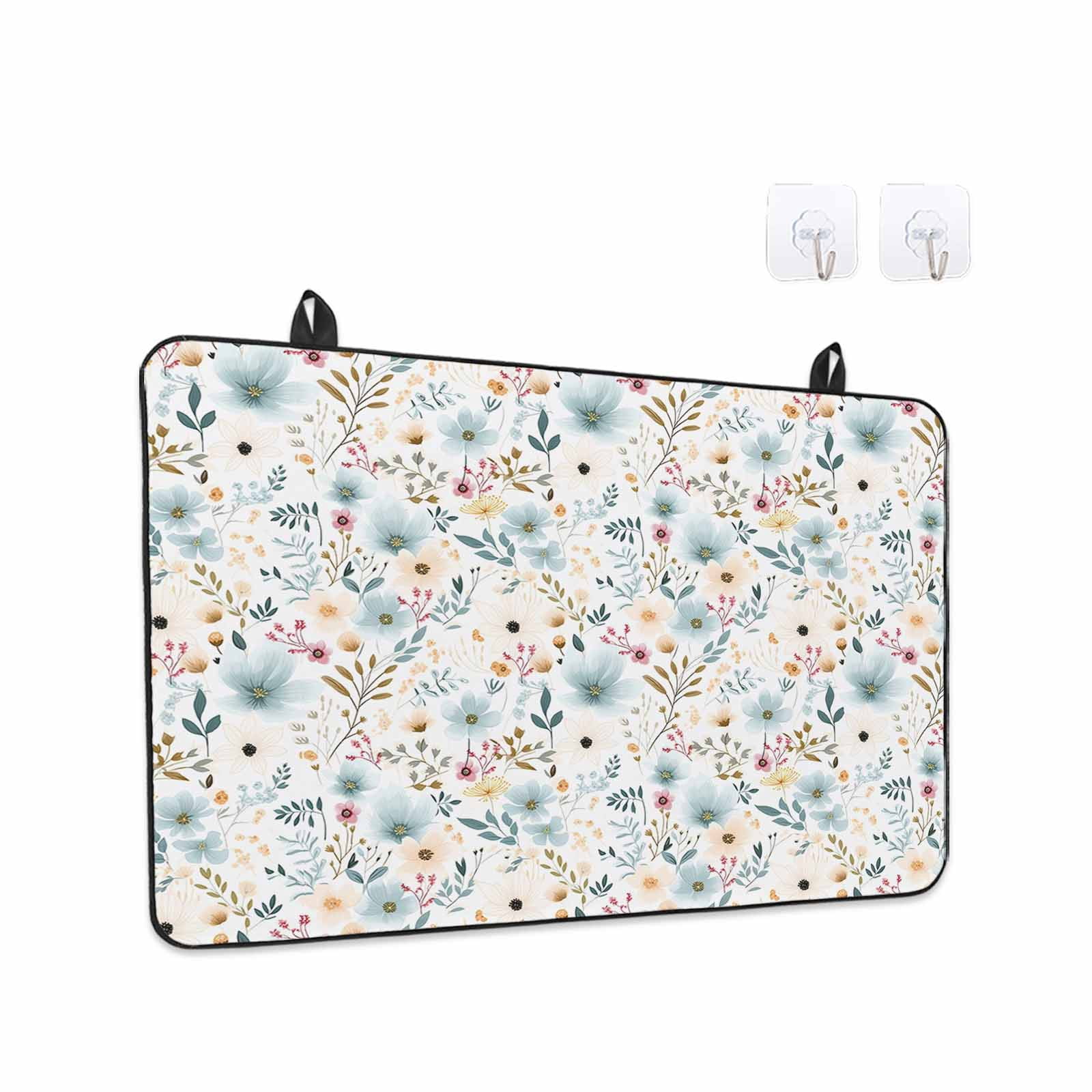 Pastoral Botanical Stove Top Cover for Electric Stove, Heat-proof & Non Slip Glass Top Stove Cover Protector, Watercolor Teal Yellow Spring Floral Kitchen Flat Cooktop Rubber Mat 24x21 Inches