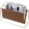 thumbnail image 1 of MyGift 15 Inch Mid Century Modern Magazine Holder with Brass Tone Metal Frame and Caramel Brown Leatherette Sling, Freestanding Storage Organizer Newspaper Rack, 1 of 7