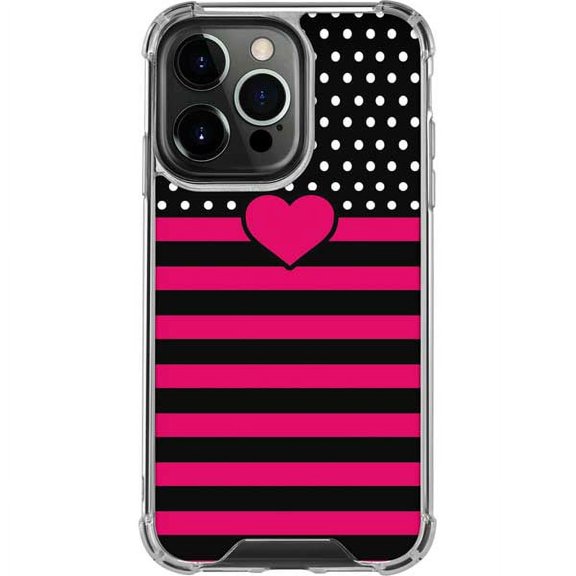 Skinit Stripes Polka Dots and Stripes Heart in Pink iPhone 14 Pro Clear Case