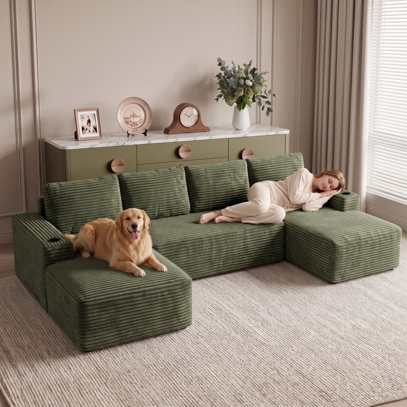 Anpport 133" Boneless Cloud Modular Sectional Couch, Corduroy Sofa with Cup Holders, Side Pockets, Deep Seat, No Assembly Required for Living Room, Green (U‑Shaped)