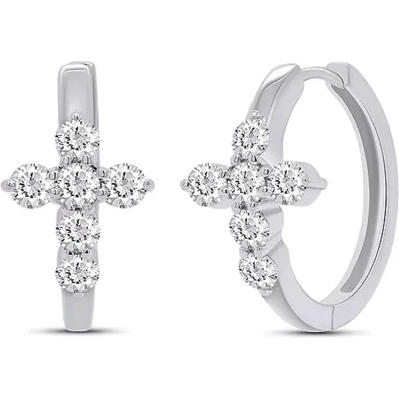 Gems Jewels 1.00 CT Round Cut White Diamond Cross Huggie Hoop Earrings In 14K White Gold Over Sterling Silver Gift For Women