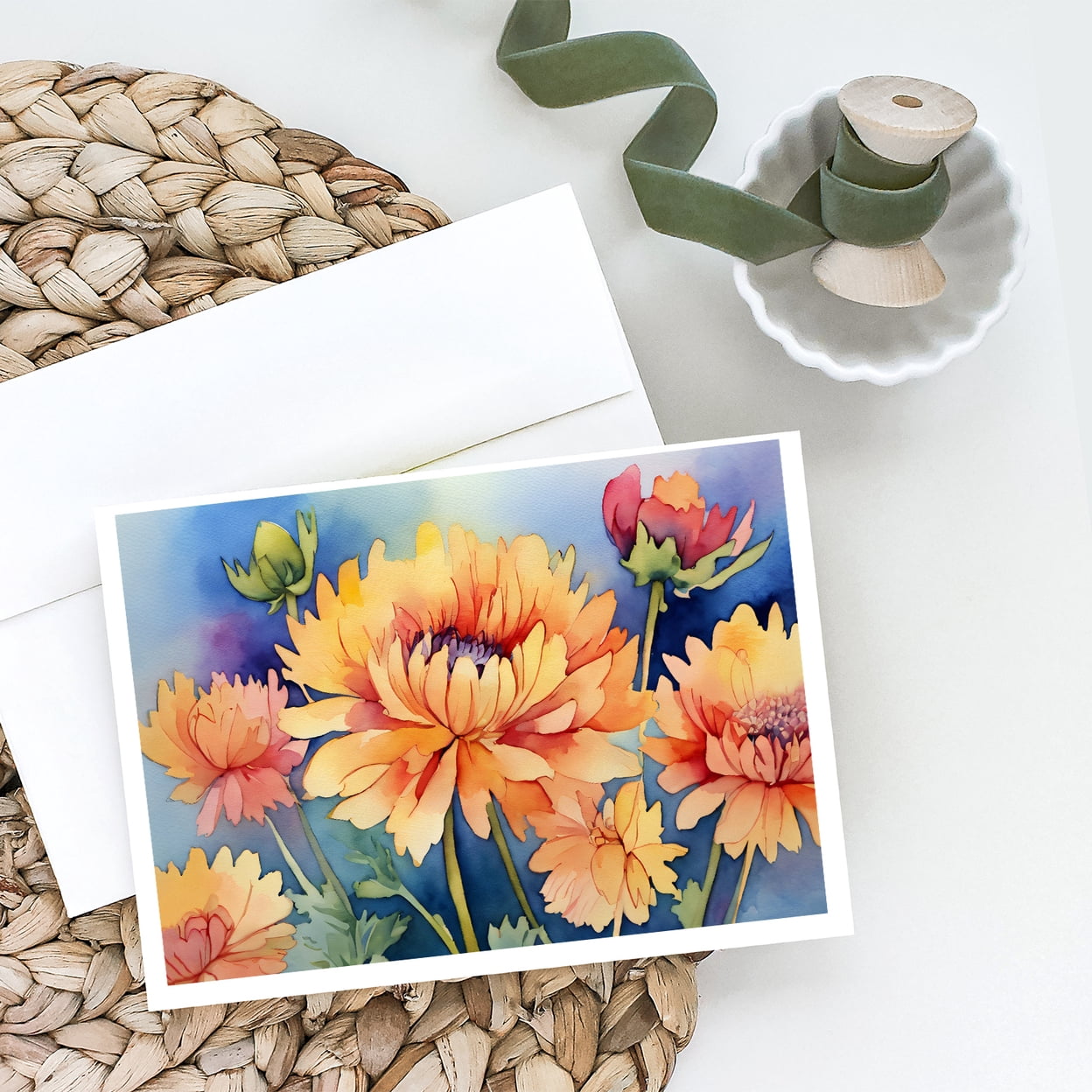Chrysanthemums in Watercolor Greeting Cards and Envelopes Pack of 8 7 in x 5 in