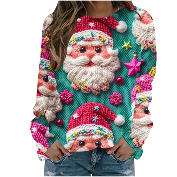 Lorytime Sweatshirt for Women Oversized Christmas Santa Claus Print Shirt Crew Neck Long Sleeve Pullover Loose Tops