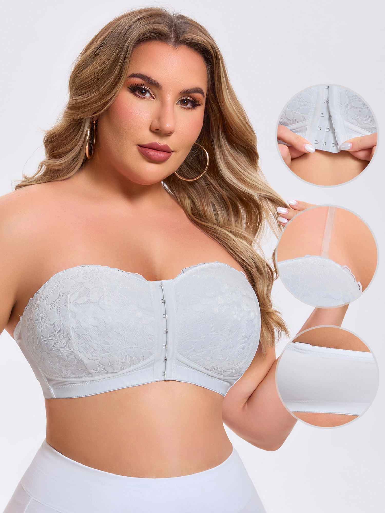 DARING DIVA Women's Lace Tube Front Closure Push Up Padded Underwire Bra XL White