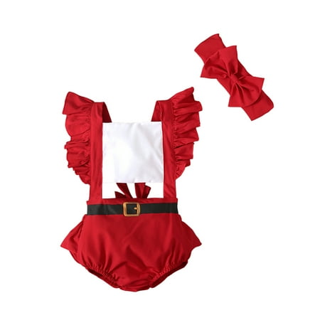 

Diconna Baby Girls Santa Claus Ruffled Criss-Cross Romper Bodysuit Bow Headband 2Pcs Christmas Outfits