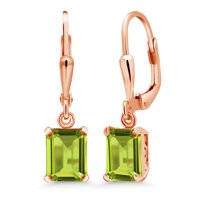 Gem Stone King 18K Rose Gold Plated Silver Green Peridot Dangle Earrings for Women (3.20 Cttw, Gemstone August Birthstone, Emerald Cut 8X6MM)