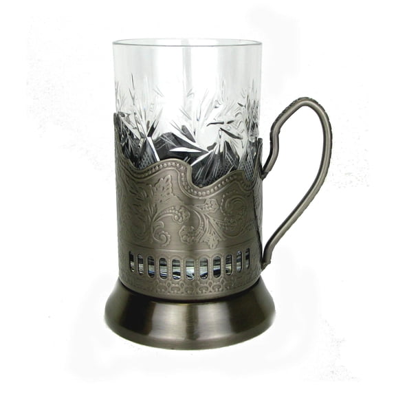 Set of Crystal Hot Tea tempered Glass 8.5 oz w/ Metal Glass Holder Podstakannik - Sutable for Hot or Cold liquids