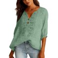 thumbnail image 5 of Womens 3/4 Sleeve Tops Cotton Linen Shirts Embroidered V Neck Button Boho Blouses Loose Fit Dressy Casual Tunic Top, 5 of 7