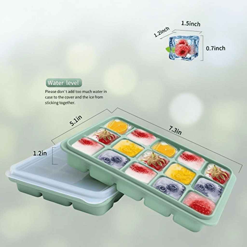 Set of 2 Stackable Silicone Ice Cube Trays with Removable Lids, Easy Release Flexible Molds for Whiskey, Cocktails, and Baby Food, BPA-Free Reusable Freezer Trays in Bamboo Green