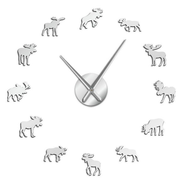 Moose Wall Hanging Clock With Quartz Movement Home Deco Christmas Gift Big Horned Deer Wild Life Animal Nature 3D DIY Wall Clock(Silver,27inch)