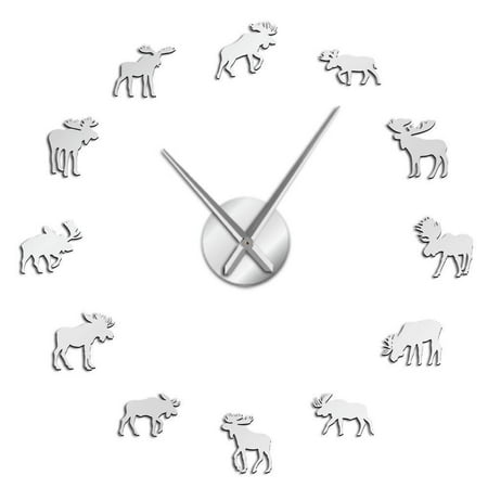 Moose Wall Hanging Clock With Quartz Movement Home Deco Christmas Gift Big Horned Deer Wild Life Animal Nature 3D DIY Wall Clock(Silver,27inch)