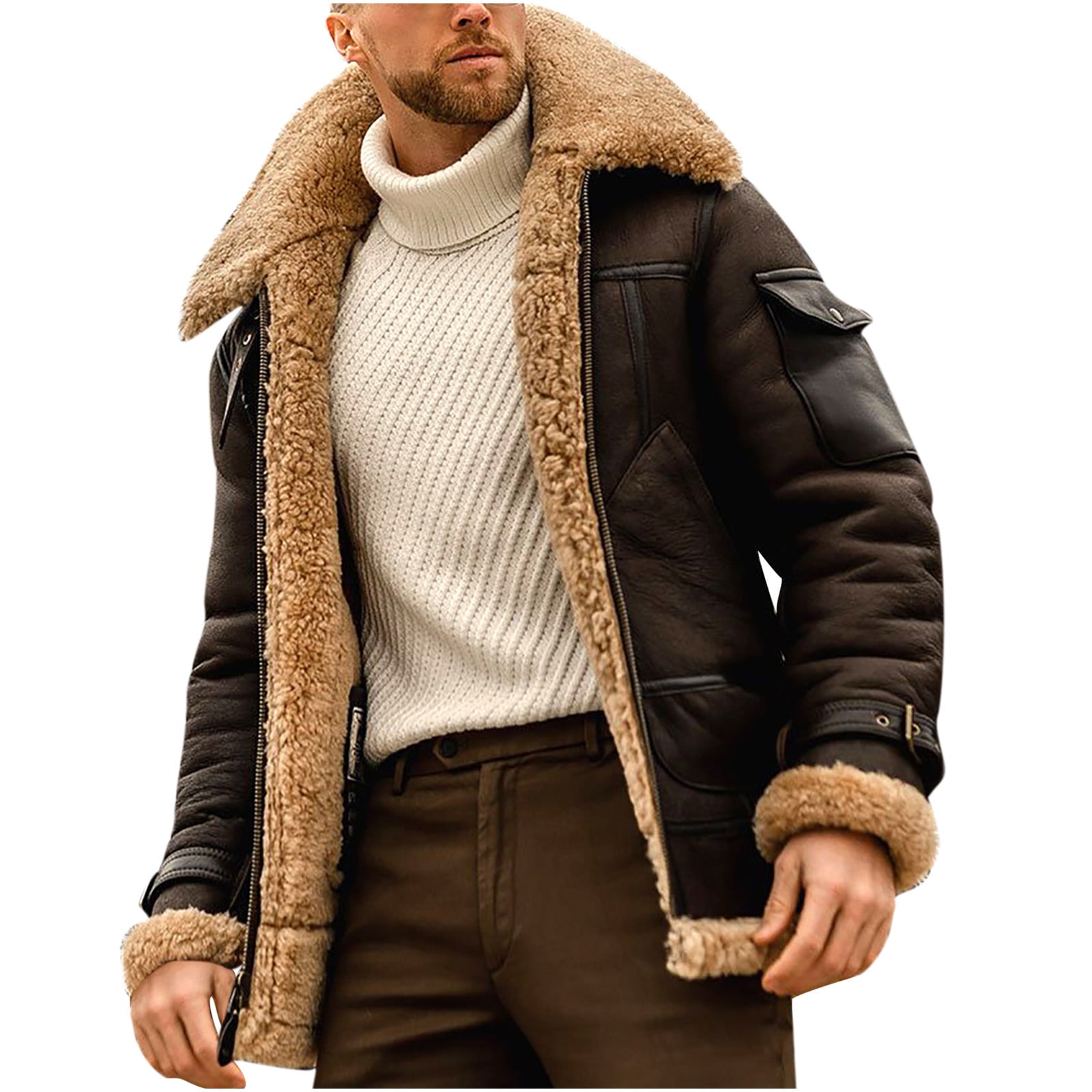 Mens Faux Sheepskin Flying Jacket Winter Warm Fleece Lined Black Brown Zipped 
