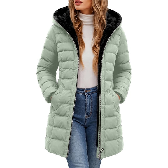 Horkkom Puffer Jacket Womens Zip Up Fleece Hooded Jackets Warm Long Winter Coats with Pockets L, Gifts for Women