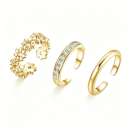 DESIGNICE Gold Filled Toe Rings for Women 3Pcs Non Tarnish,14K Open Band Adjustable Gold Filled Toe Ring Daisy Flower Cz Toe Rings Hawaiian Summer Beach Boho Foot Jewelry for Pool Vacation