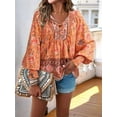 thumbnail image 5 of Women'S Casual Boho V Neck Top Loose Floral Printed Long Sleeve Beach Shirts Blouses Orange Color L, 5 of 9