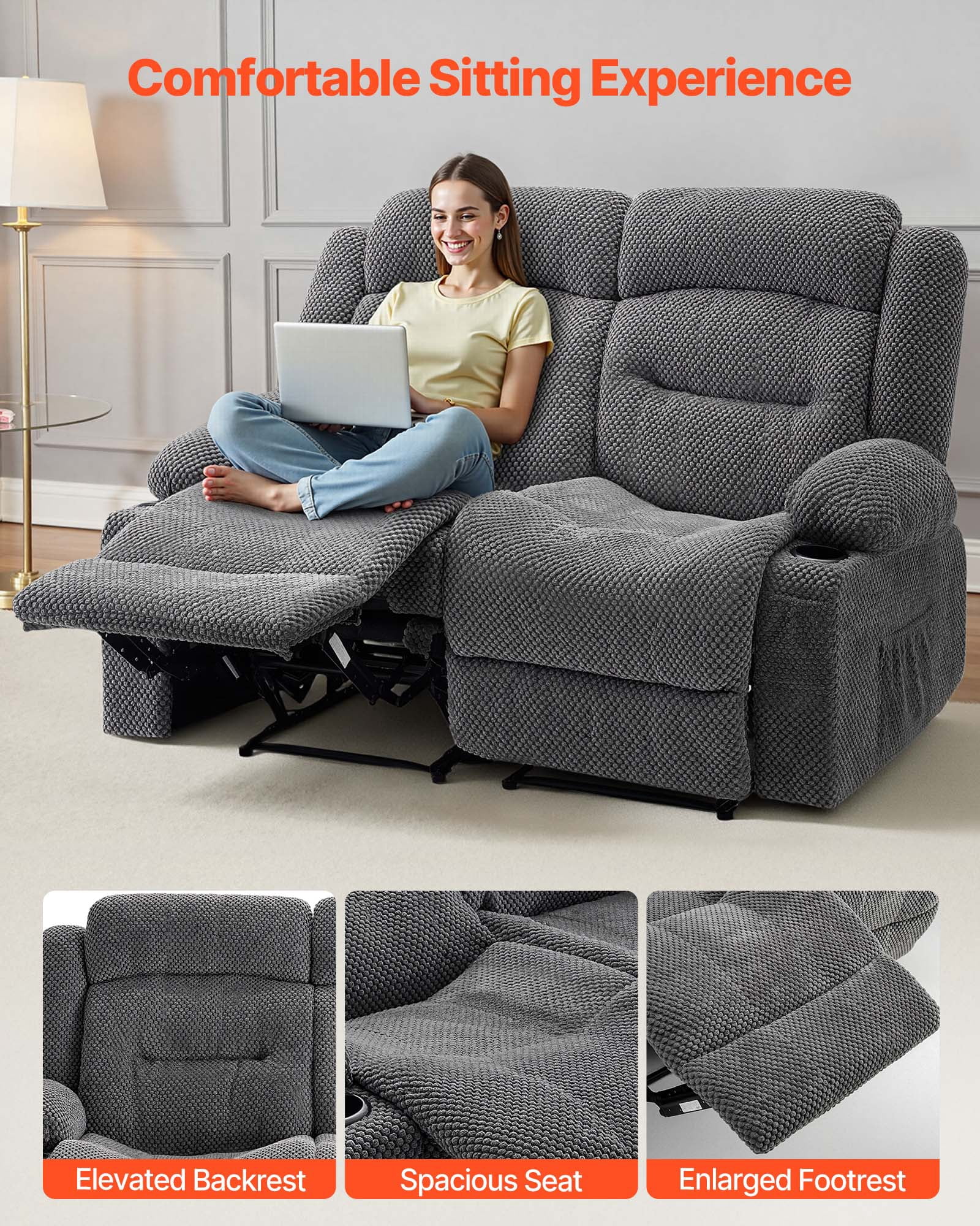 VEVOR Loveseat Recliner Sofa,Manual Reclining Couch with Heating and Massage, Soft Corduroy Recliner Sofa with USB Ports, Cup Holders and Side Storage Bags, Dual Loveseat Chair for Living Room, Grey