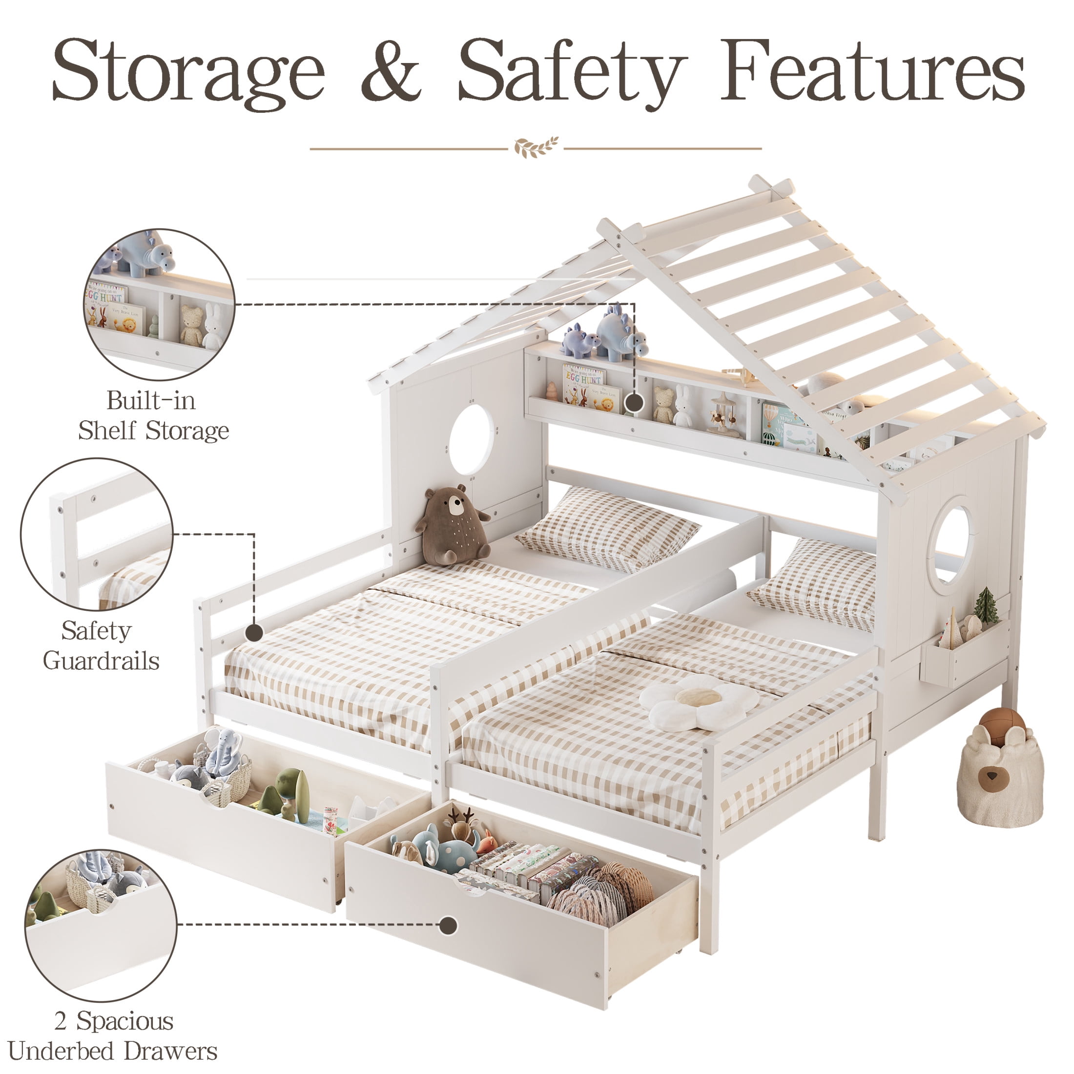 Noble House Twin Kids House Bed with Two Side-by-Side Beds, Bookcase and Under-Bed Drawers, White