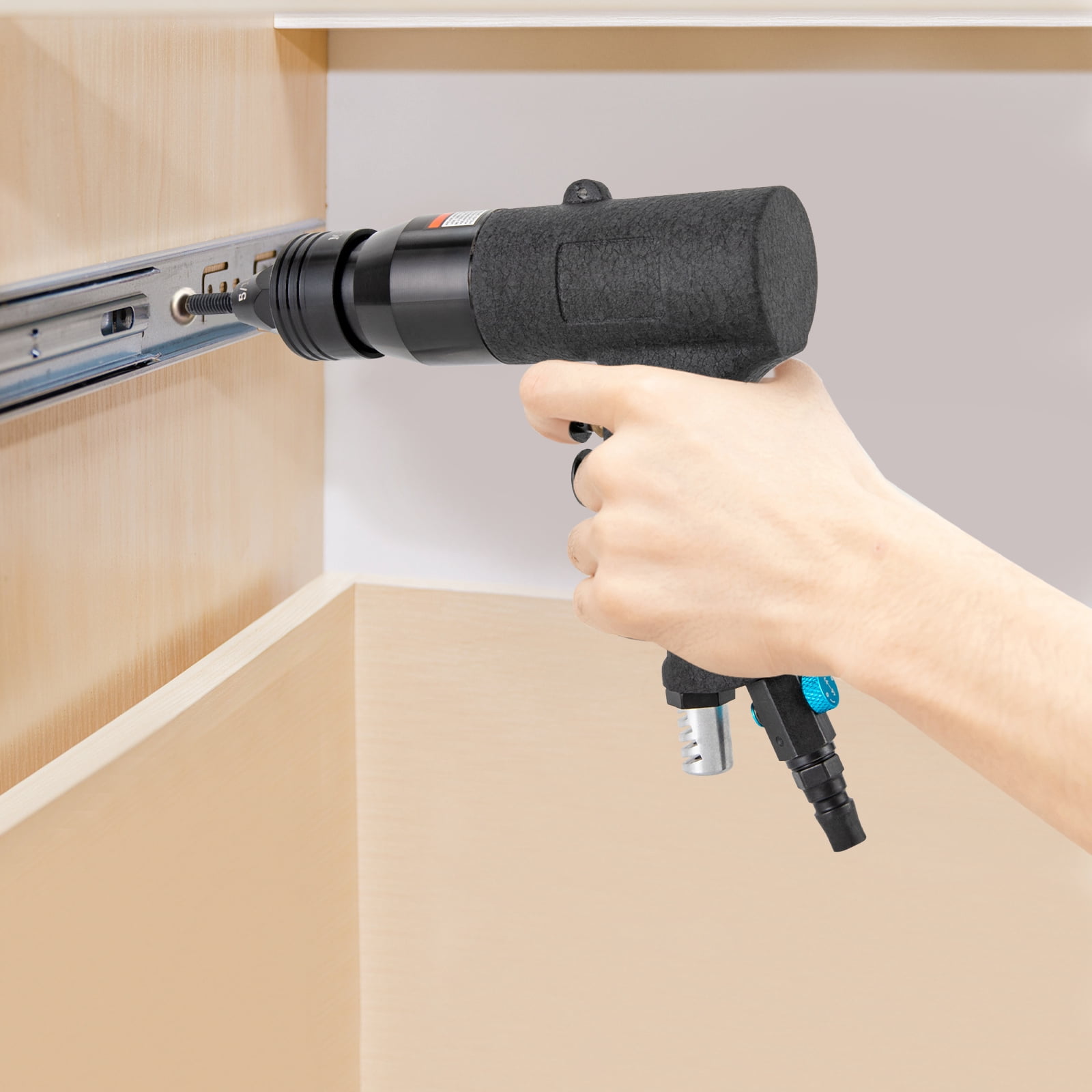 Dwellnix Air-Powered Rivet Gun, Adjustable Speed, Forward and Reverse Functions, 10-24", 1/4", 5/16", 3/8 Gun Heads, Dustproof, Silenced Exhaust, Durable and Compact Design