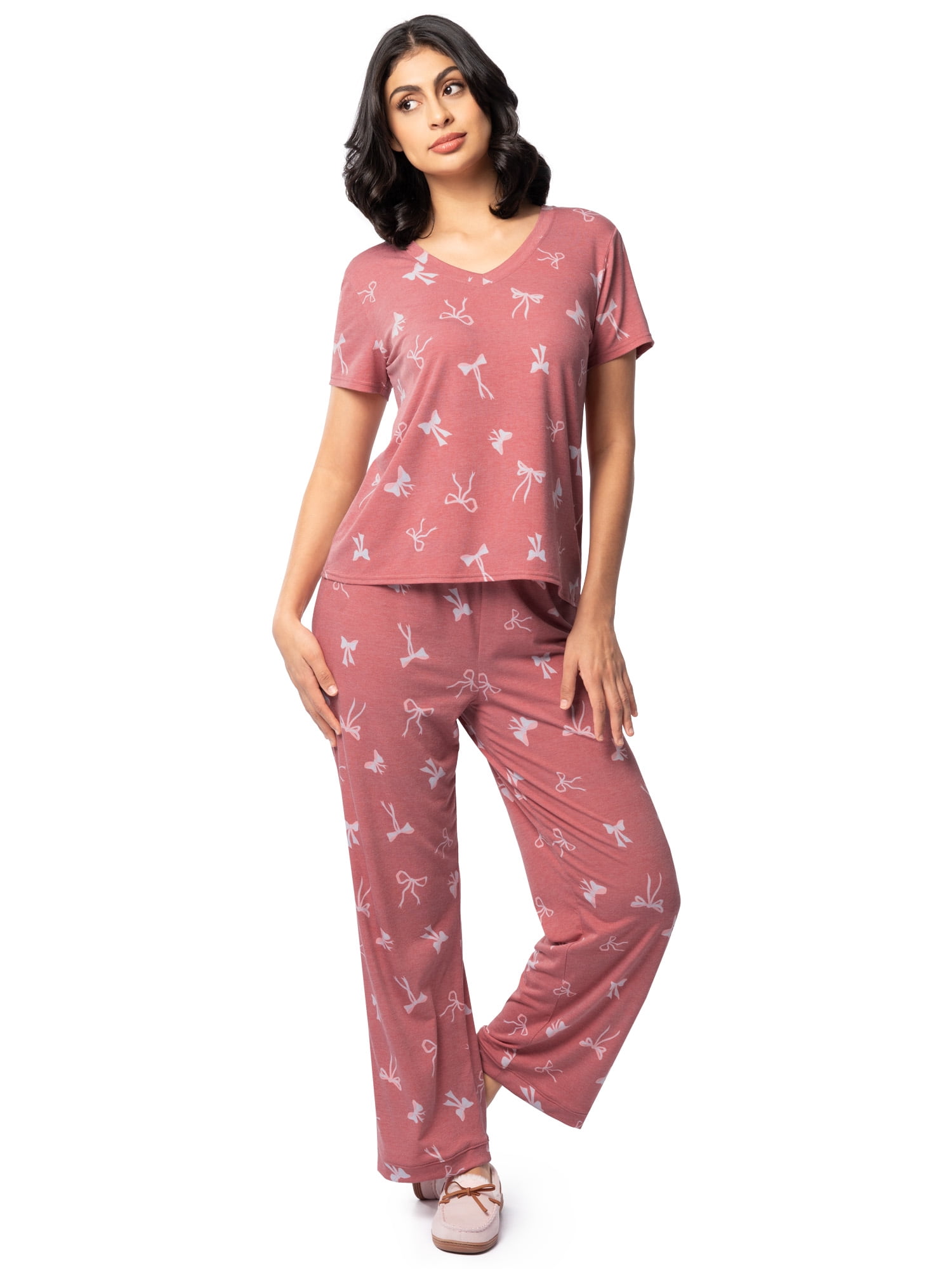 Fruit of the Loom Women's Soft & Breathable V-Neck Short Sleeve Top & Pajama Pant Set, Sizes S-4X
