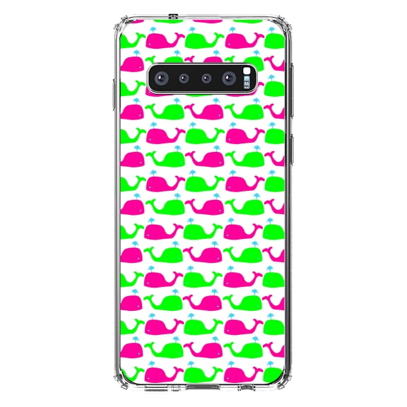 DistinctInk Clear Shockproof Hybrid Case for Samsung Galaxy S10 (6.1" Screen) - TPU Bumper, Acrylic Back, Tempered Glass Screen Protector - Green Pink Cartoon Whales - Cartoon Whales