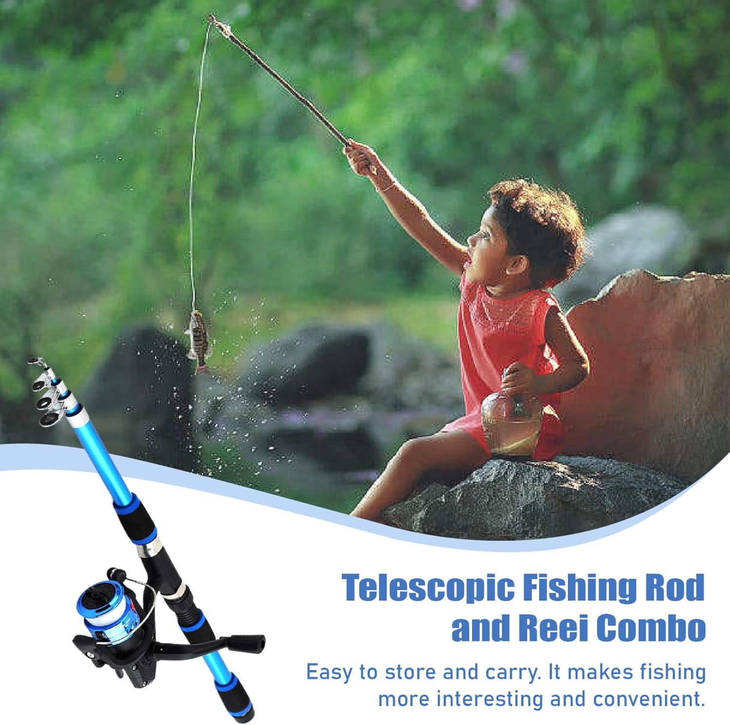 Fishing Rod and Reel Combo, 70 Inch Telescopic Casting Rod Pole with Spincast Reel, Tackle Box and Hooks Lures Swivels Carry Bag, Portable Fishing Gear Set for Beginners, Blue