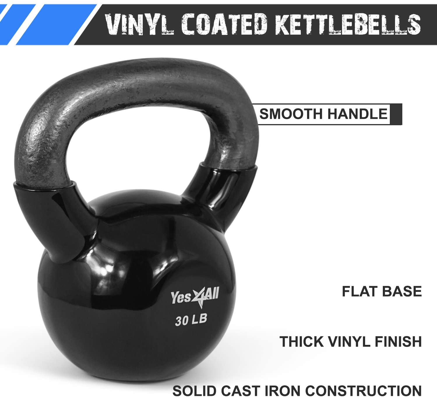Yes4All 45 lb Vinyl Coated / PVC Kettlebell, Black, Combo / Set, Includes 10-20lb - image 4 of 8