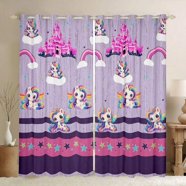 Erosebridal Rideaux et Draperies Licorne Kawaii (52x84), Rideaux à Étoiles et Rayures Lot de 2 (52x84), Décoration Cheval Magique