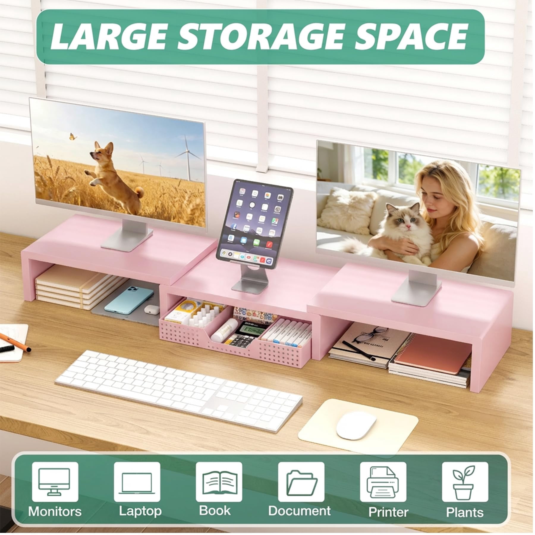 Desk Organizers And Accessories  Dual Computer Monitor Stand Riser With Drawer Office Decor For Women & Workspace Pink
