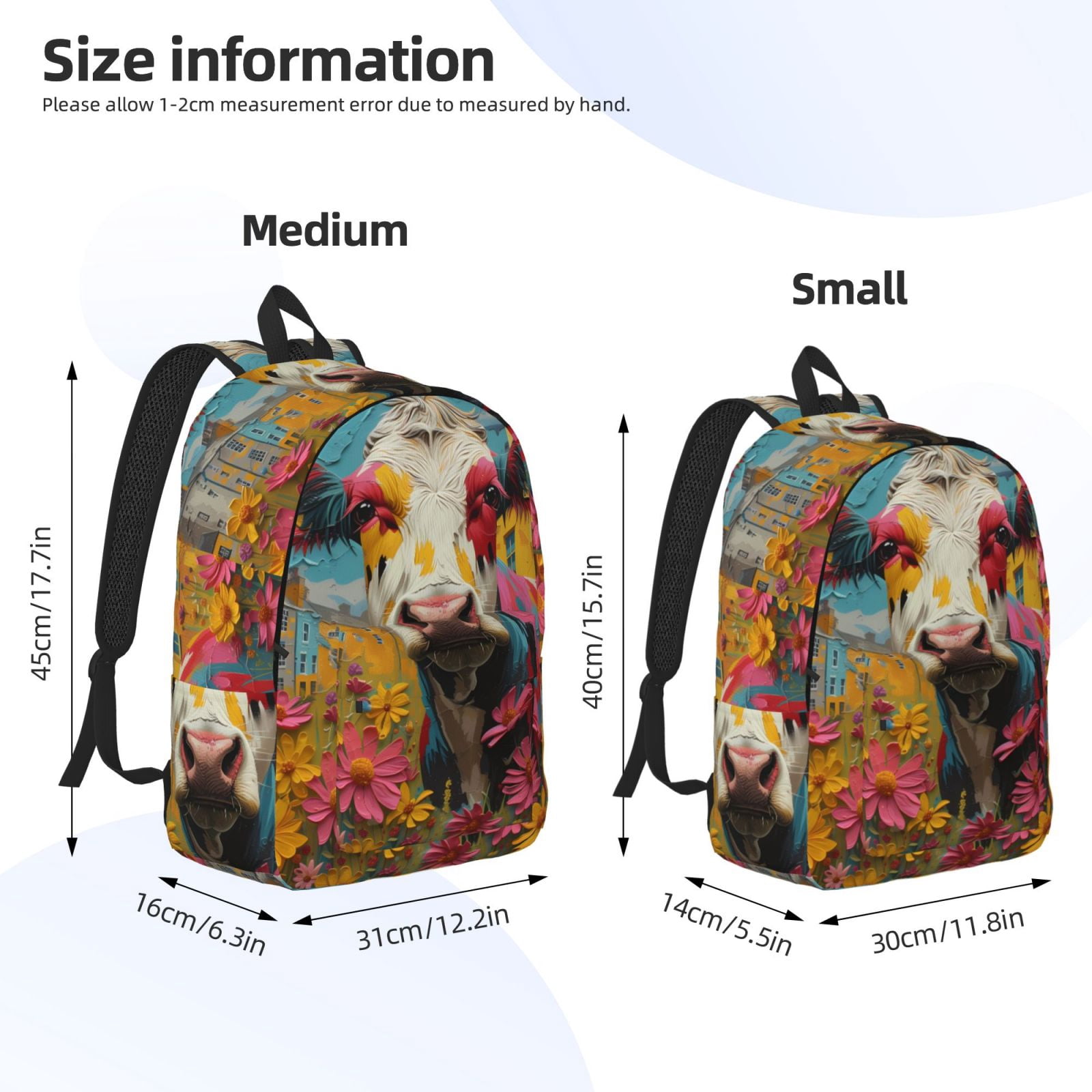 Picia Yellow Daisy Cow Printed Canvas Daypack - Stylish and Durable Vintage Compact Backpack - Class, Work, Travel, or Laptop Bookbag,Organized Compartments-Small