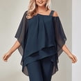 thumbnail image 3 of Morttic Women's Casual Solid Color 2 Piece Set – Batwing Sleeve Double-Layer Hem Top & Wide Leg Pants Office & Vacation Wear Navy Blue，XXL, 3 of 6