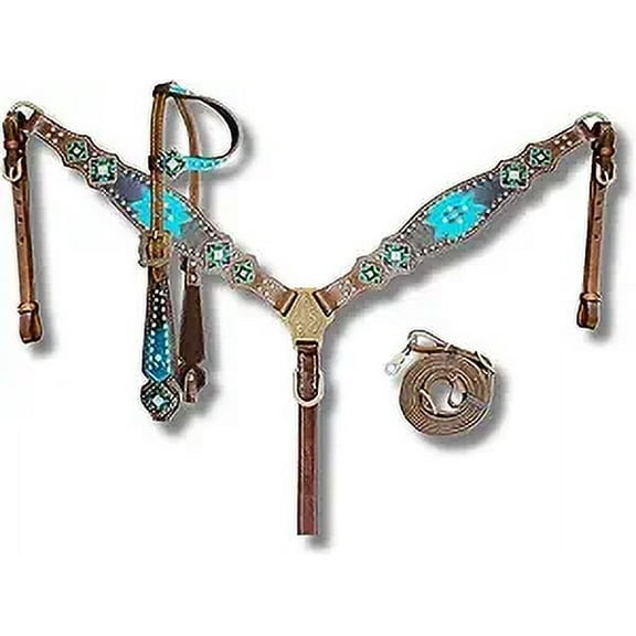 Western Premium Leather Equestrian Headstall, Breast Collar, Reins & Wither Straps - Hand-Carved Tooled Beaded Design (FULL)
