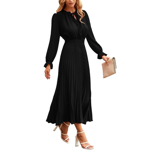 Vestido PRETTYGARDEN 2025 Midi Negro con Cuello en V y Diseño Swiss Dot XXL