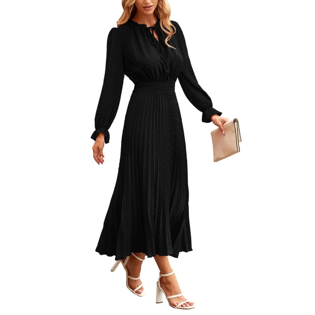 Vestido PRETTYGARDEN 2025 Swiss Dot Plisado Línea A Negro Talla L