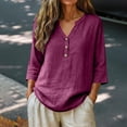 thumbnail image 2 of IMENGL Long Sleeve Shirts for Women Casual Linen Summer Plus Size 3/4 V Neck Button Blouses Loose Clothes Soft T-Shirt Women's Basic Tee Long Sleeve Tops,Orange, 2 of 7