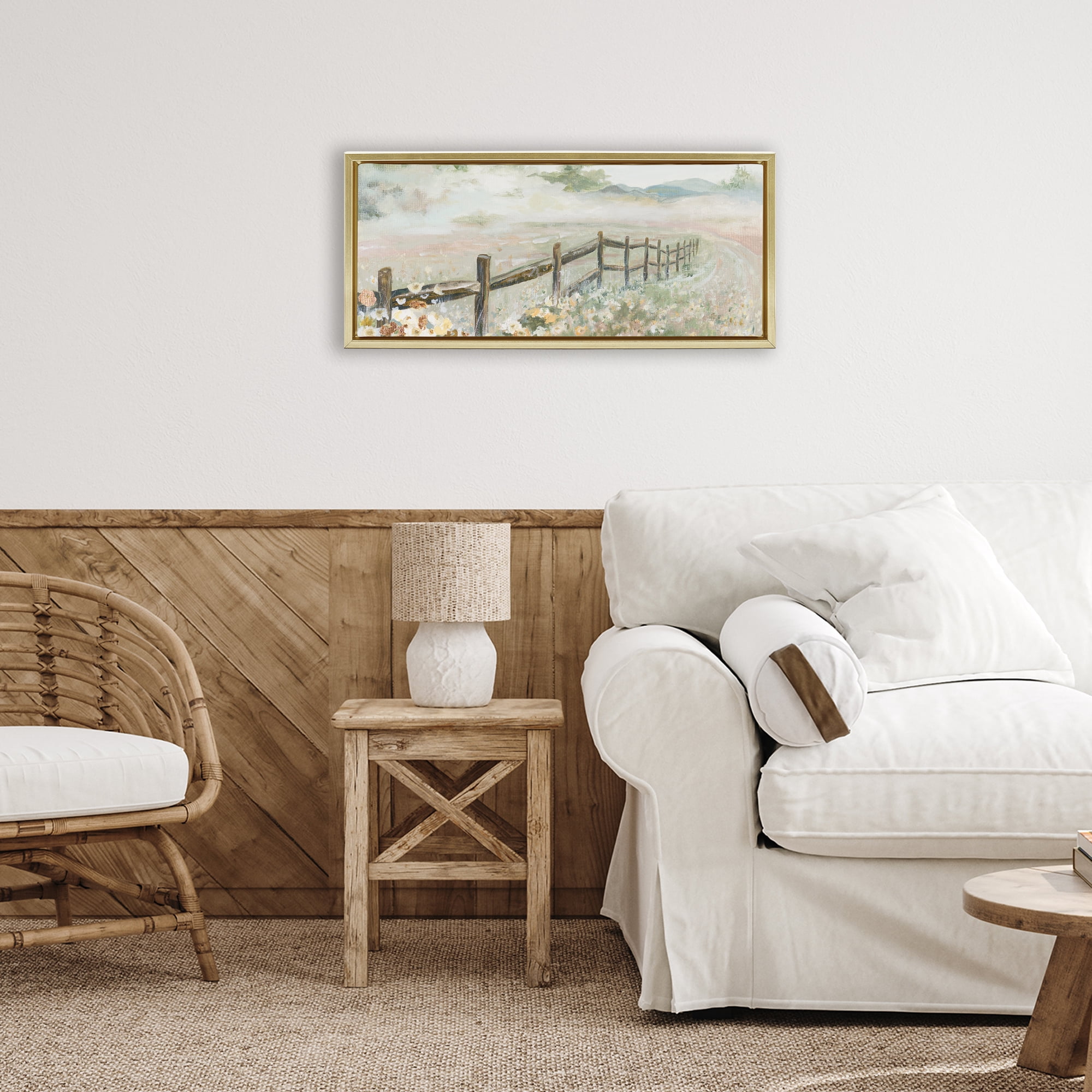 Stupell Industries Soft Fence with Flowers Gold Framed Floater Canvas Wall Art, design by Patricia Pinto