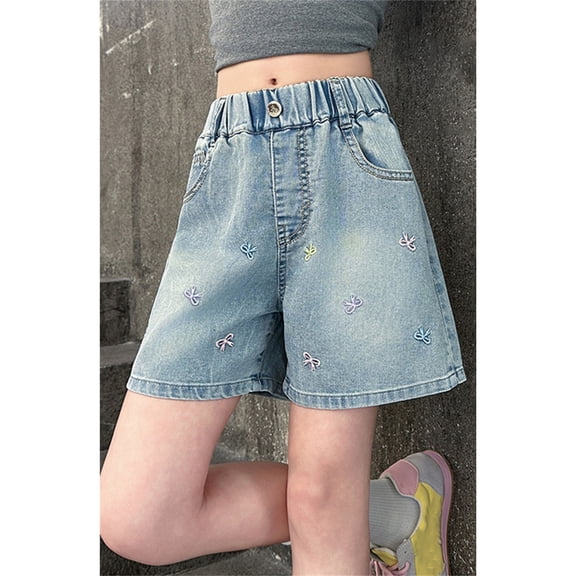 Girls Jeans Shorts Kids Elastic Waist Bow Embroidered Shorts Baggy Jean Shorts Cute Shorts Girls Shorts 5-6 Years