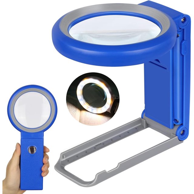 Lupa de mano plegable con 18 luces LED para degeneración macular, lectura de personas mayores, lupa de 30 x 10 x con luz y soporte, trabajo cercano, monedas, joyas (azul)