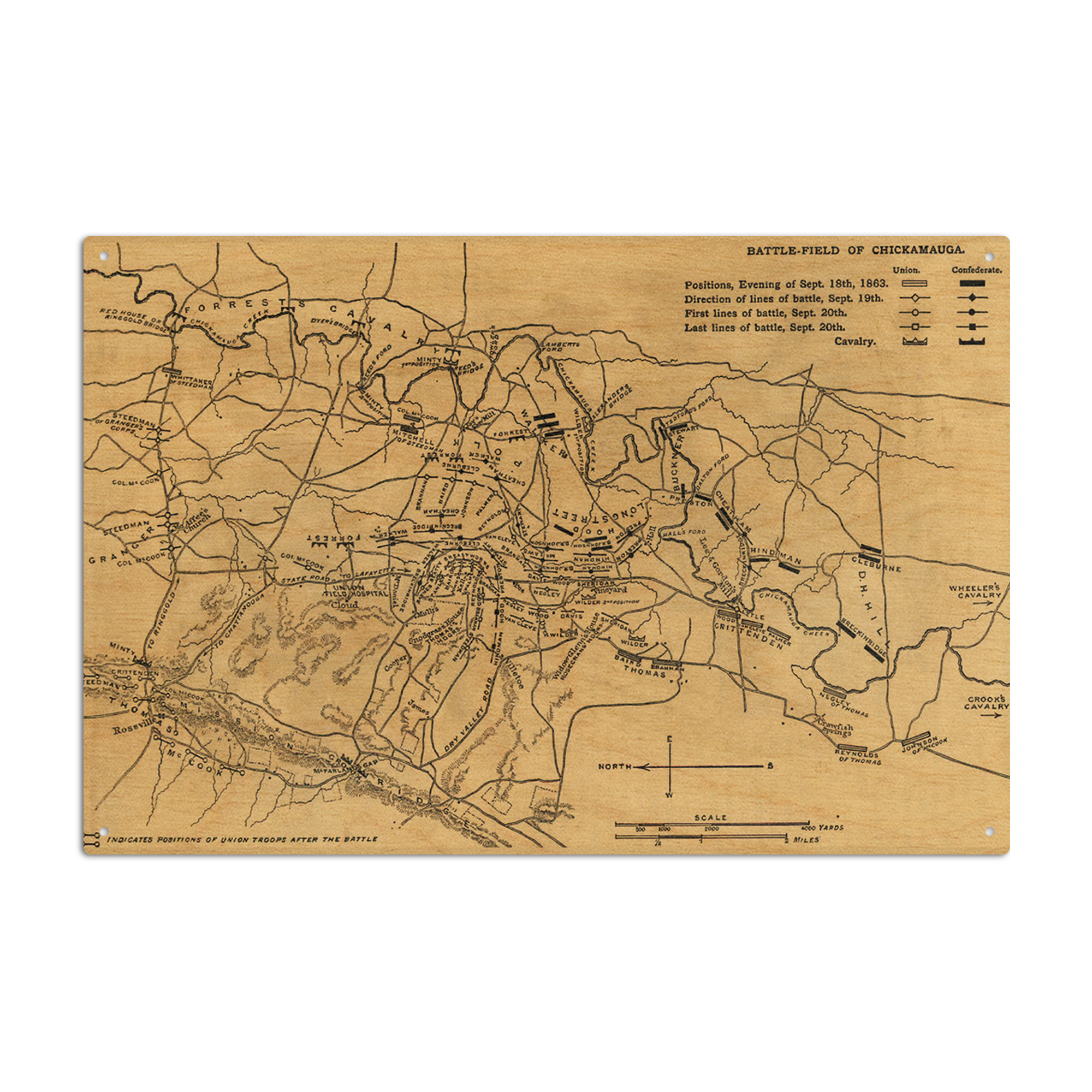 Battle of Chickamauga, Civil War Panoramic Map Birch Wood Wall Sign