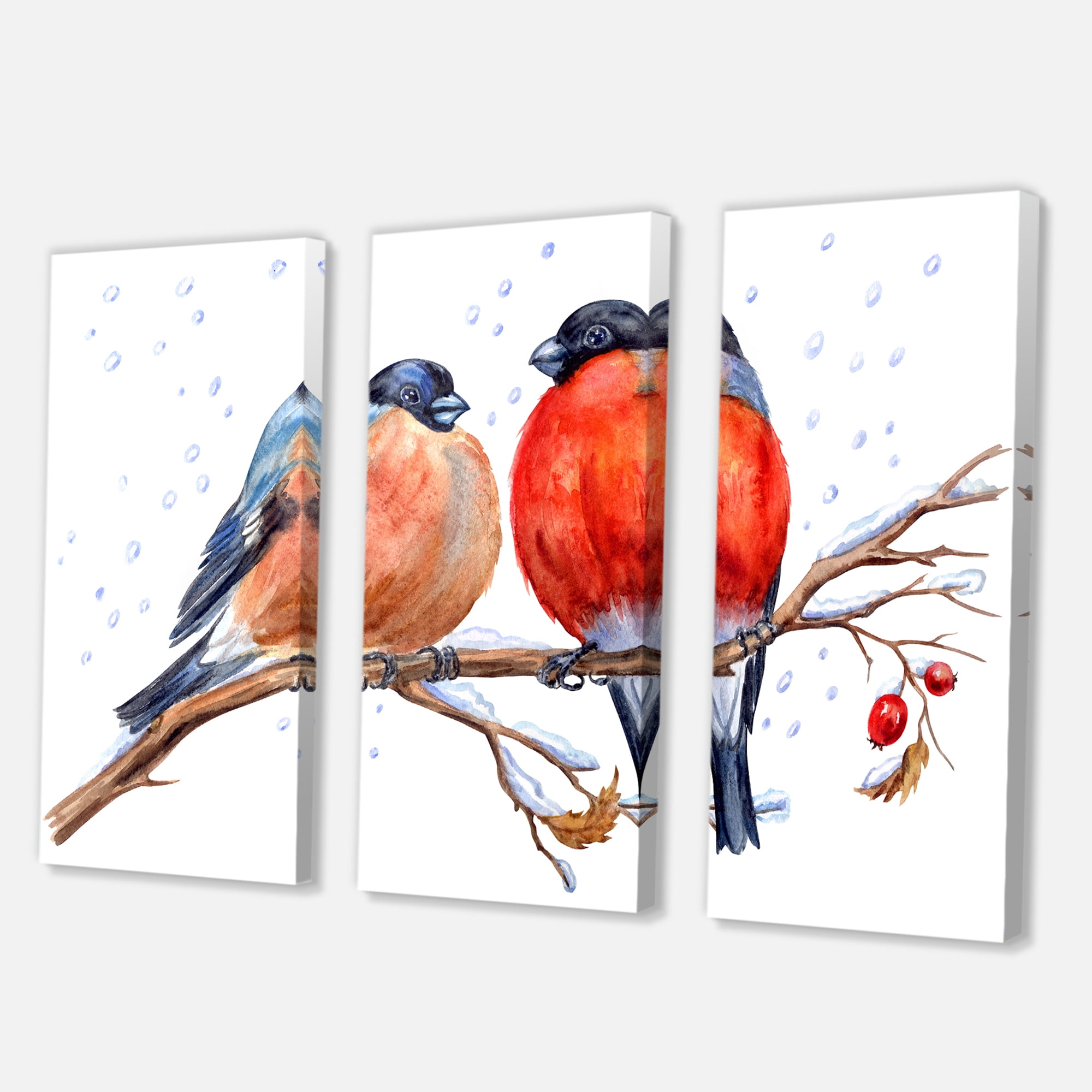 Designart ' Two Bullfinches On A Hawthorn Branch with Snowfall In Winter ' Traditional Canvas Wall Art Print