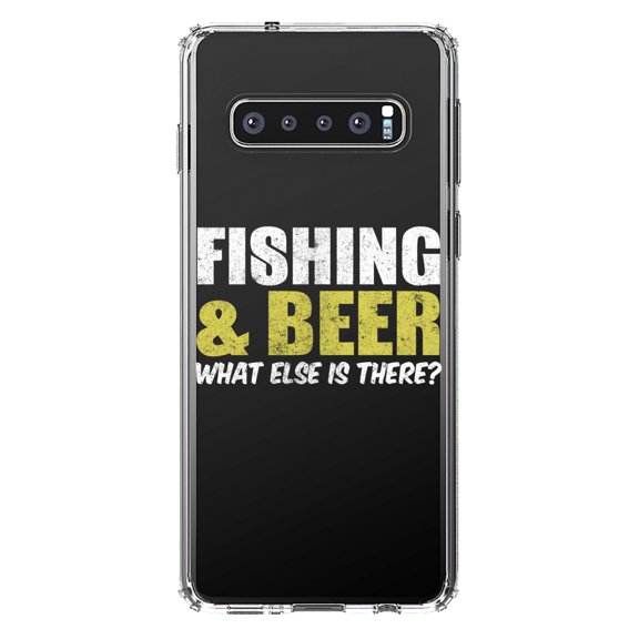 DistinctInk Clear Shockproof Hybrid Case for Samsung Galaxy S10  PLUS (6.4" Screen) - TPU Bumper Acrylic Back Tempered Glass Screen Protector - Fishing & Beer. What Else is There?