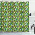 thumbnail image 1 of Tropical Shower Curtain, Pattern of Colorful Illustration of Big Leaves on Geometric Silhouettes, Fabric Bathroom Set with Hooks, 69W X 75L Inches Long, Green and Multicolor, by Ambesonne, 1 of 3