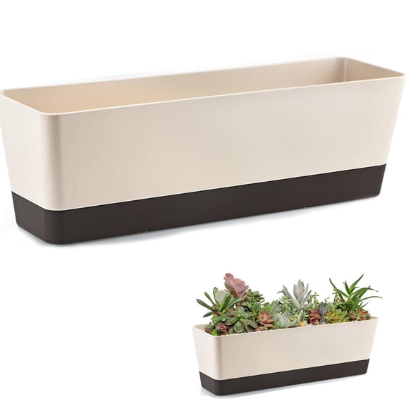 Yahome Window Boxes Rectangle Herb Planters with Tray Plastic Flower Box Plant Pots Plant Containers for Windowsill Balcony Office Outdoor Garden Decoration (Coffee, 12x4.6 Inch)