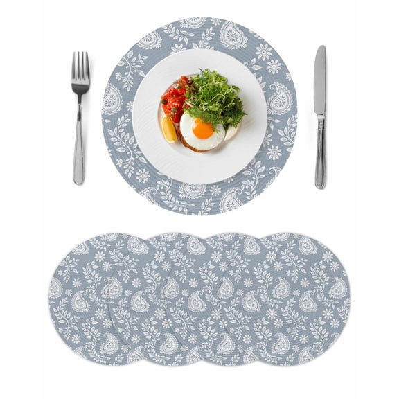 Blue Paisley Round 13 Inch Placemats Set of 4, Ethnic Vintage Floral Botanical Abstract HeatResistant Non Slip Place Mats for Dining Table, Wipeable Braided Kitchen Table Mats for Housewarming