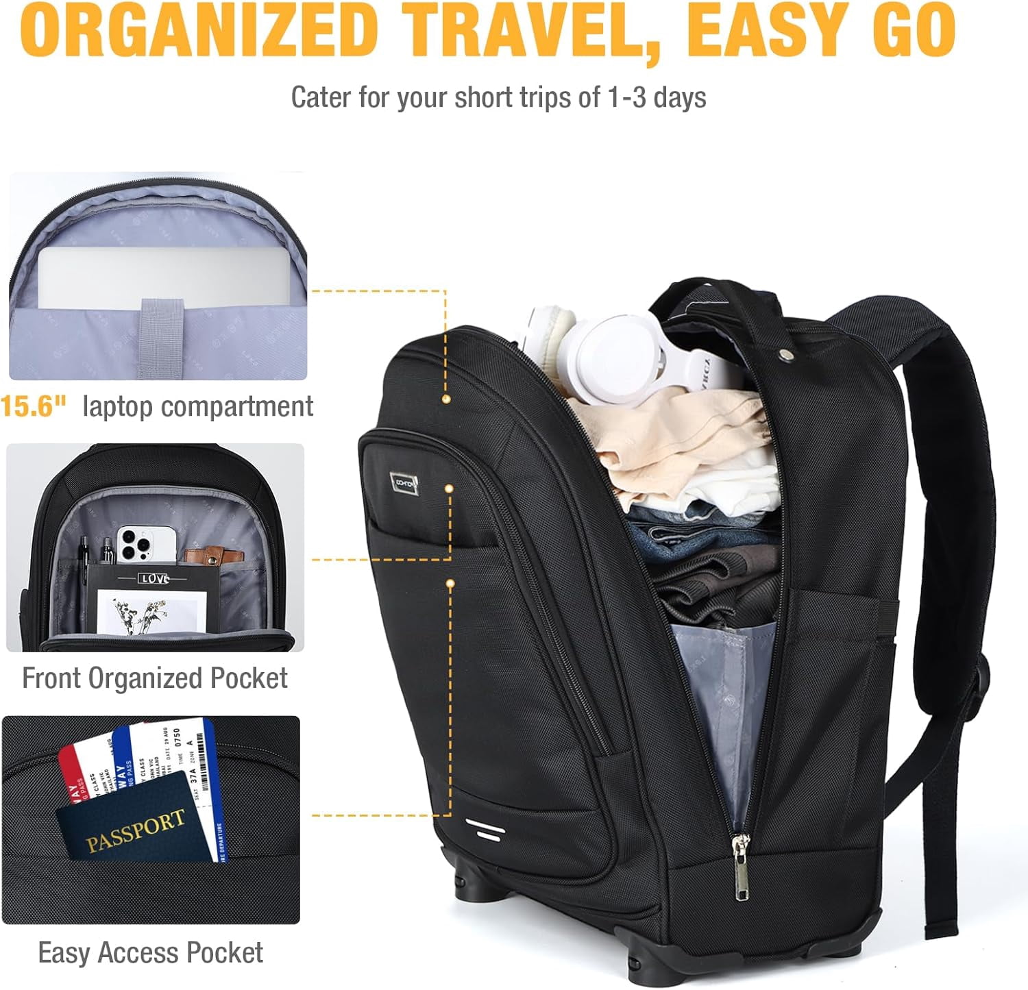 15.6 Inch Rolling Laptop Backpack - 4 Spinner Wheels Carry On Travel Bag, Wheeled Backpack for Women Men (Overnight/College/Work, Black)