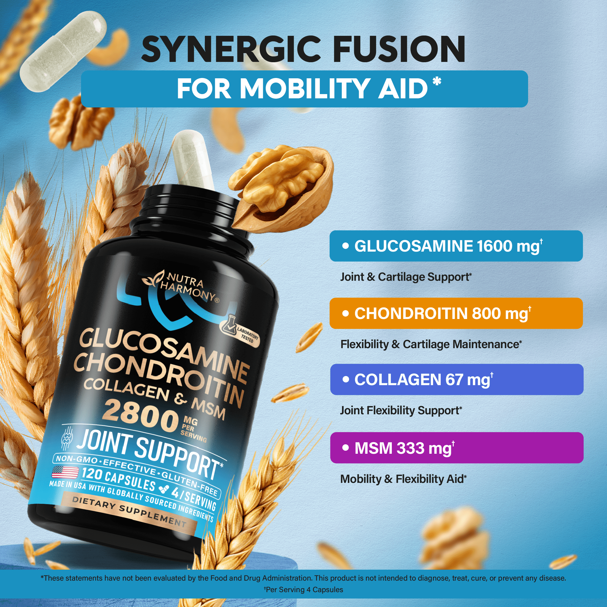 Glucosamine , Chondroitin , MSM , Collagen - 2800 mg Joint Support Supplement - Made in USA - FSA HSA Eligible - Cartilage Health, Mobility & Strength - Flexibility Nutritional Vitamins, 120 Capsules