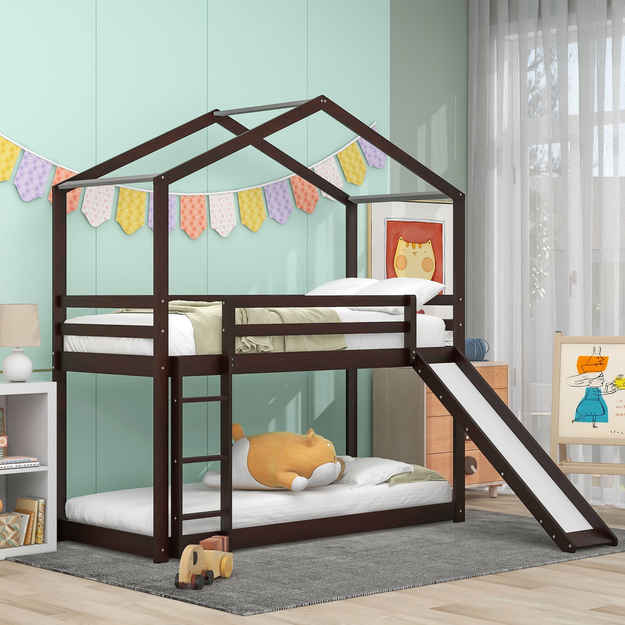 Euroco Twin over Twin House Bunk Bed with Slide, Convertible 2 Beds in One for Kids Bedroom, Espresso
