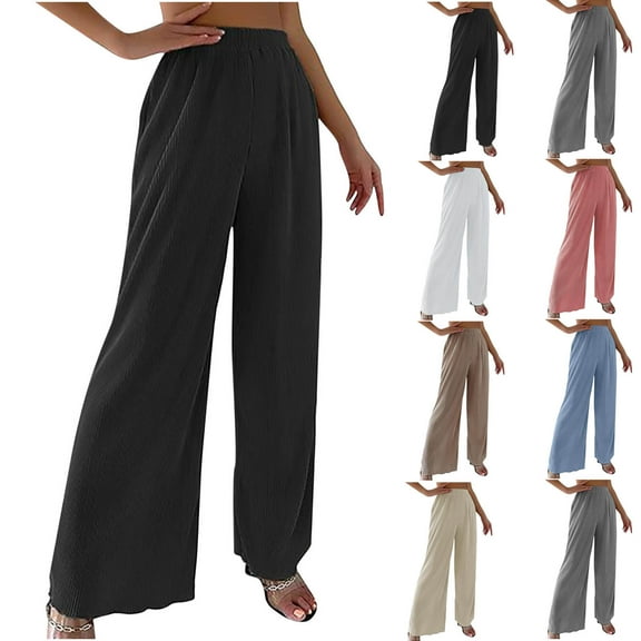 FNFYFH Wide Leg Pants for Women with Pockets Cotton Linen Trousers Elastic High waist Straight Legs Palazzo Pant Loose Fit Comfy Solid Color Trouser,Black S-3XL
