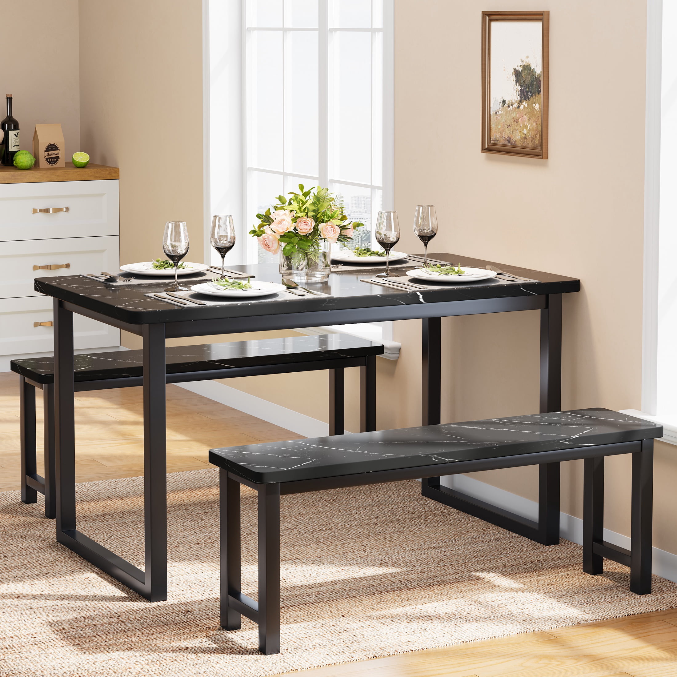 PAPROOS Dining Table Set for 4, 3-Piece Kitchen Table Set with 2 Benches, Dining Room Table Set with Metal Frame, Breakfast Nook Furniture Set for Home Cafeteria Bar Dining Room, Black