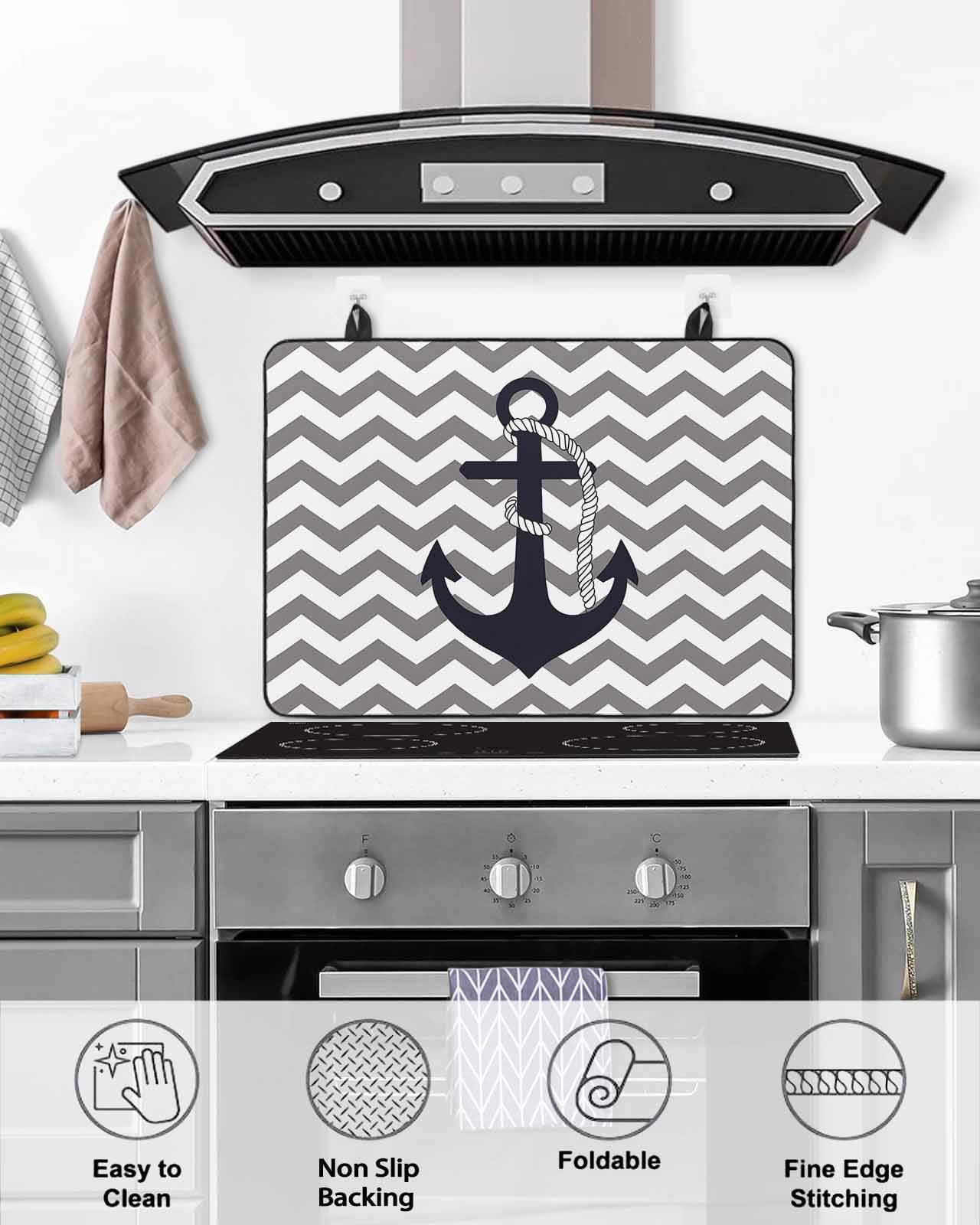 nqOlkjepod Large Induction Cooktop Protector Mat 24"x21", Grey Zigzag Stove Top Covers for Electric Stove, Coastal Nautical Anchor Stripes Decorative Stove Burner Cover Mats, Glass Top Stove Cover